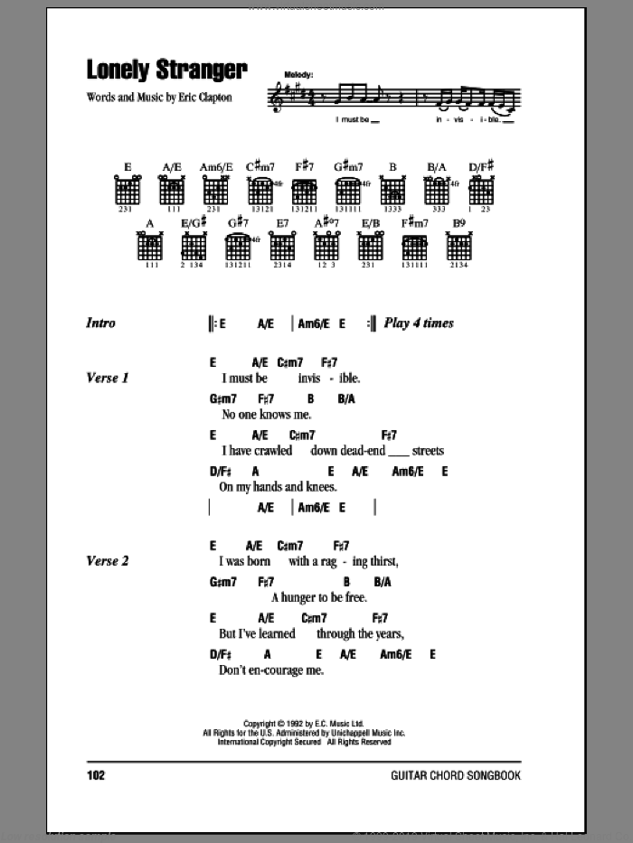 Lonely Stranger sheet music for guitar (chords) by Eric Clapton, intermediate skill level