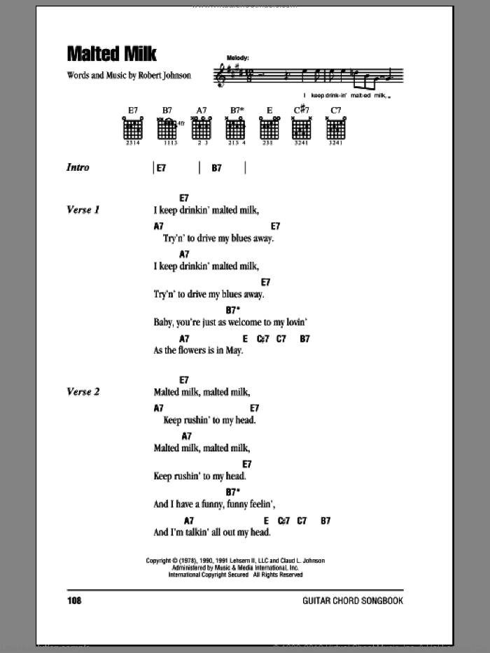 Malted Milk sheet music for guitar (chords) by Eric Clapton and Robert Johnson, intermediate skill level