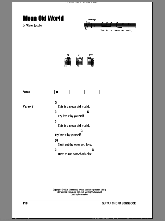 Mean Old World sheet music for guitar (chords) by Eric Clapton and Walter Jacobs, intermediate skill level