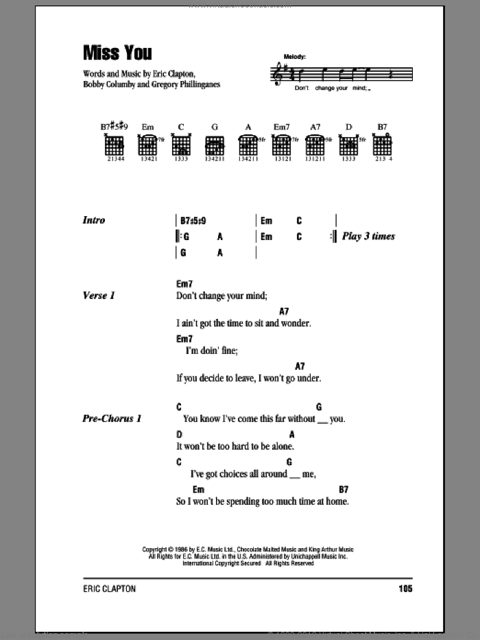 Miss You sheet music for guitar (chords) by Eric Clapton, Bobby Colomby and Greg Phillinganes, intermediate skill level