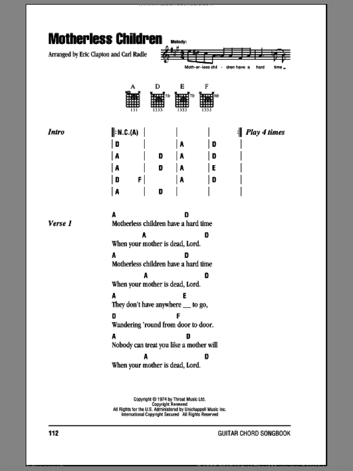 Motherless Children sheet music for guitar (chords) by Eric Clapton, intermediate skill level