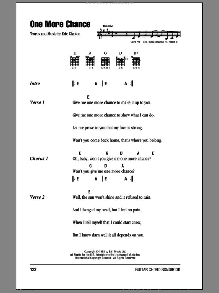 One More Chance sheet music for guitar (chords) by Eric Clapton and Derek And The Dominos, intermediate skill level