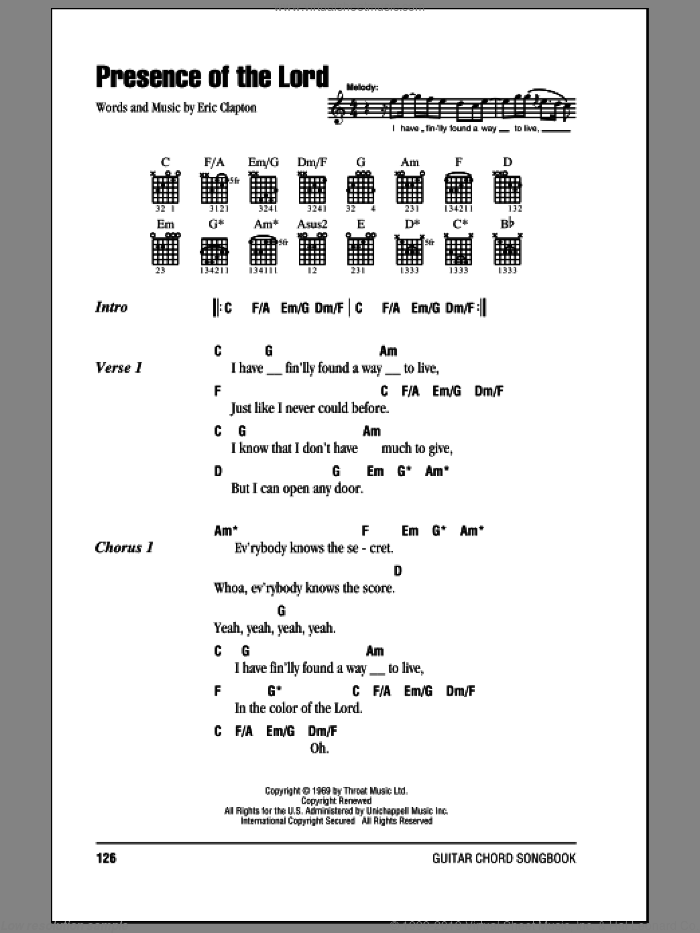Presence Of The Lord sheet music for guitar (chords) by Eric Clapton, intermediate skill level