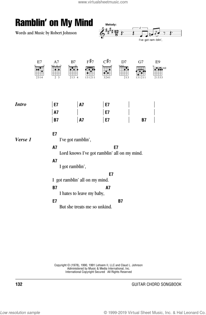 Ramblin' On My Mind sheet music for guitar (chords) by Eric Clapton and Robert Johnson, intermediate skill level