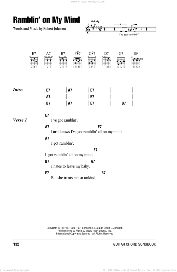 Ramblin' On My Mind sheet music for guitar (chords) by Eric Clapton and Robert Johnson, intermediate skill level