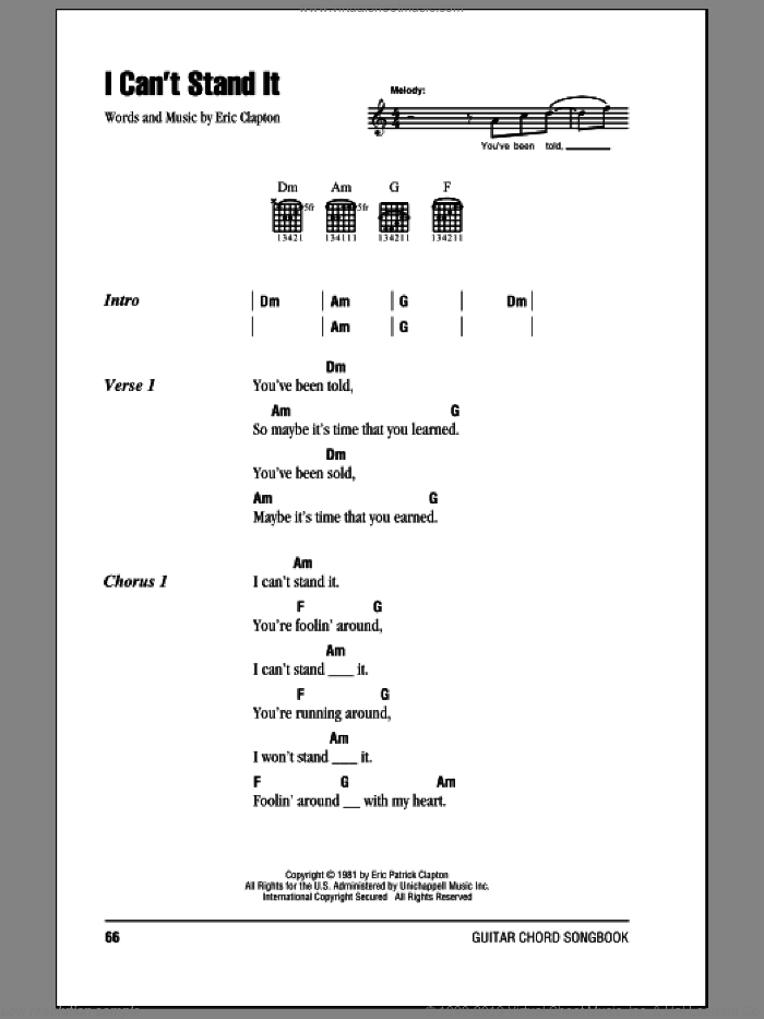 I Can't Stand It sheet music for guitar (chords) by Eric Clapton, intermediate skill level