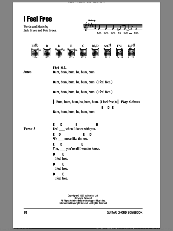 I Feel Free sheet music for guitar (chords) by Cream, Eric Clapton, Jack Bruce and Pete Brown, intermediate skill level