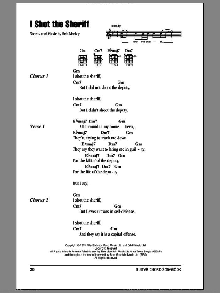 I Shot The Sheriff sheet music for guitar (chords) by Eric Clapton and Bob Marley, intermediate skill level