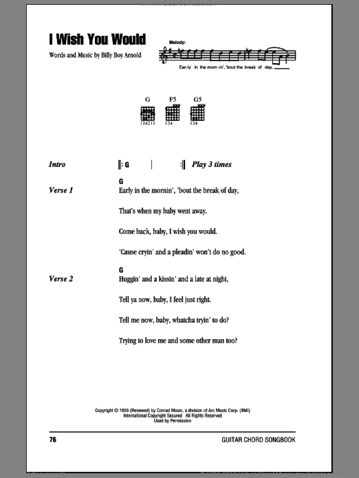 I Wish You Would sheet music for guitar (chords) by Eric Clapton and Billy Boy Arnold, intermediate skill level