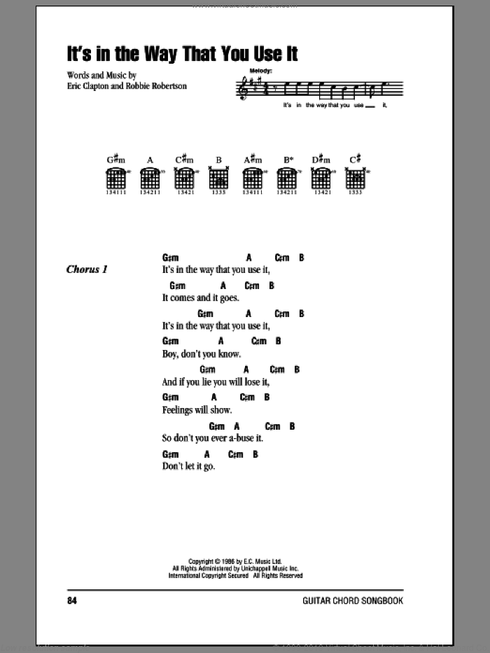 It's In The Way That You Use It sheet music for guitar (chords) by Eric Clapton and Robbie Robertson, intermediate skill level