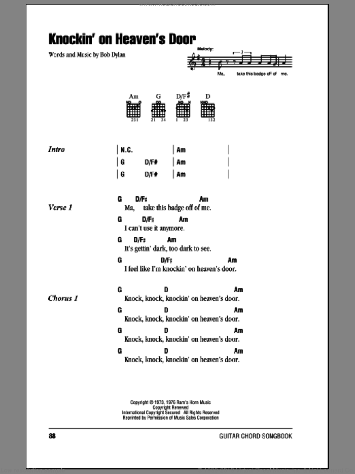 Knockin' On Heaven's Door sheet music for guitar (chords) by Eric Clapton and Bob Dylan, intermediate skill level