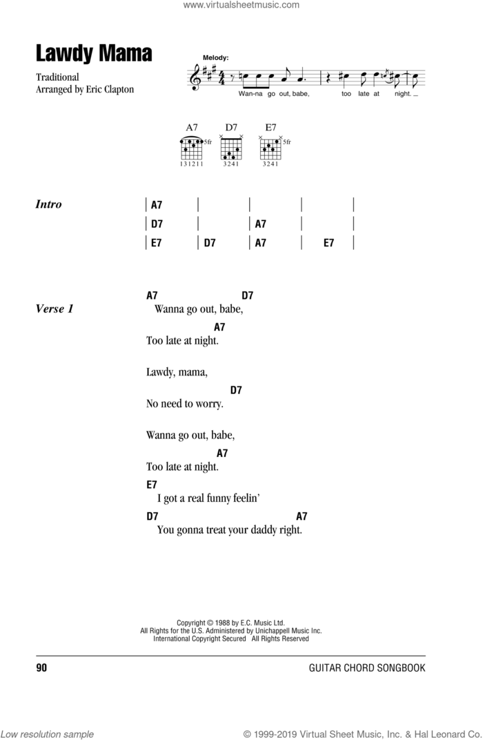 Lawdy Mama sheet music for guitar (chords) by Cream and Eric Clapton, intermediate skill level