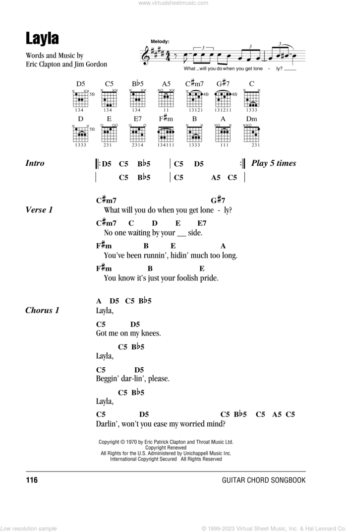Layla sheet music for guitar (chords) by Derek And The Dominos, Eric Clapton and Jim Gordon, intermediate skill level