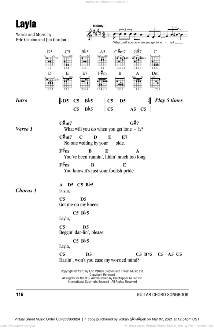 Layla sheet music for guitar (chords) by Derek And The Dominos, Eric Clapton and Jim Gordon, intermediate skill level