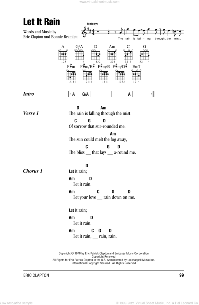 Let It Rain sheet music for guitar (chords) by Eric Clapton and Bonnie Bramlett, intermediate skill level