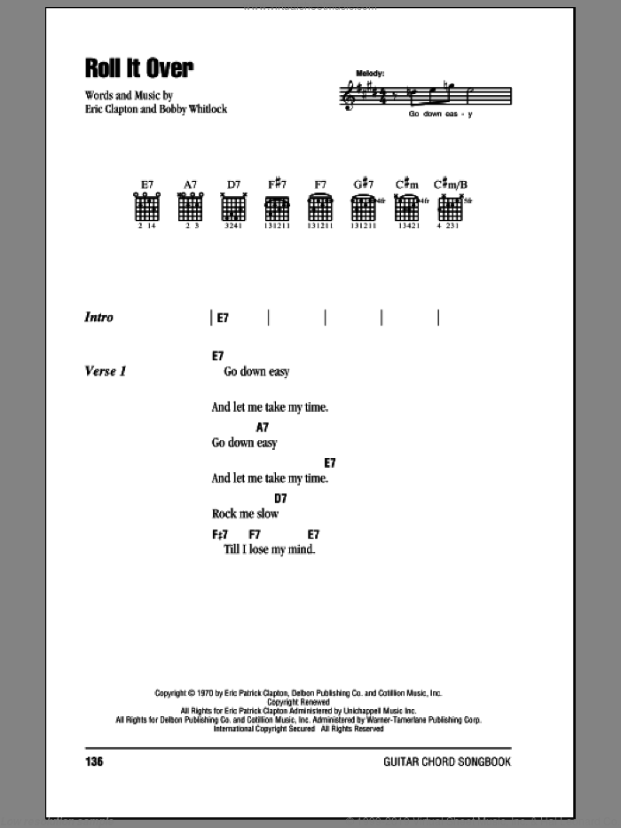 Roll It Over sheet music for guitar (chords) by Eric Clapton and Bobby Whitlock, intermediate skill level