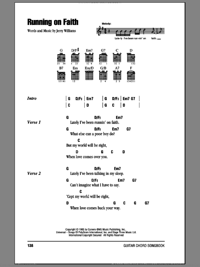Running On Faith sheet music for guitar (chords) by Eric Clapton and Jerry Lynn Williams, intermediate skill level