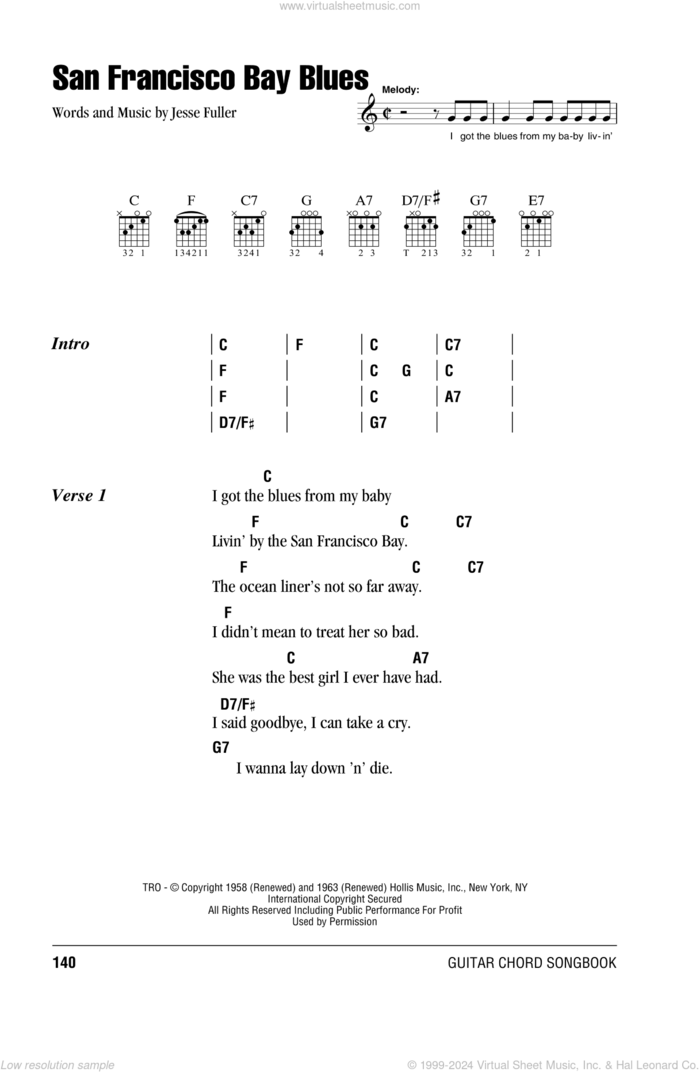 San Francisco Bay Blues sheet music for guitar (chords) by Eric Clapton and Jesse Fuller, intermediate skill level