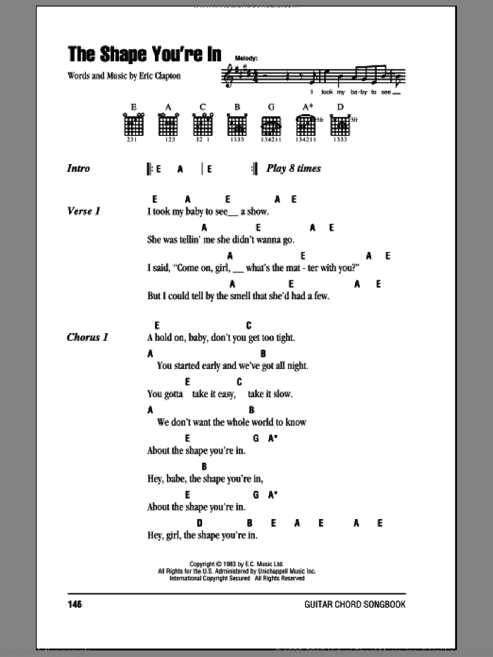 The Shape You're In sheet music for guitar (chords) by Eric Clapton, intermediate skill level