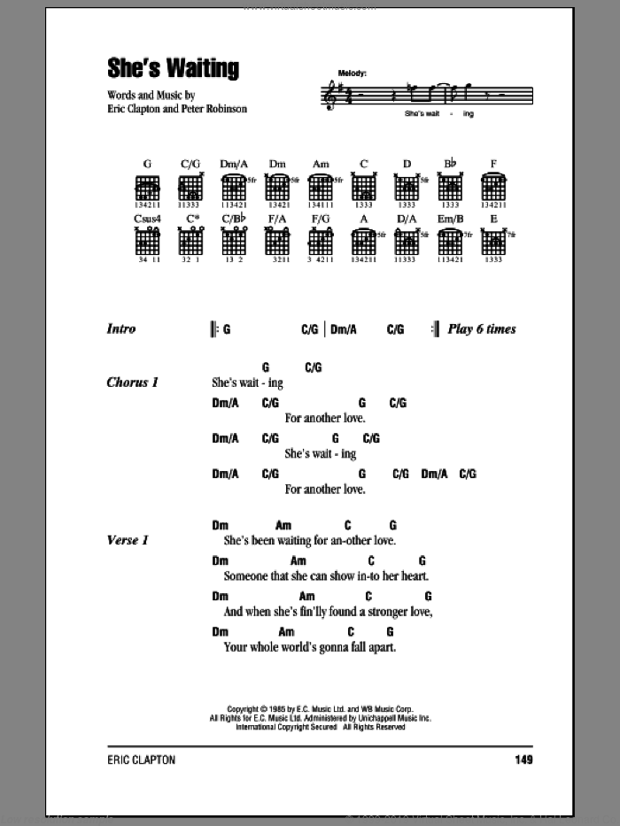She's Waiting sheet music for guitar (chords) by Eric Clapton and Peter Robinson, intermediate skill level