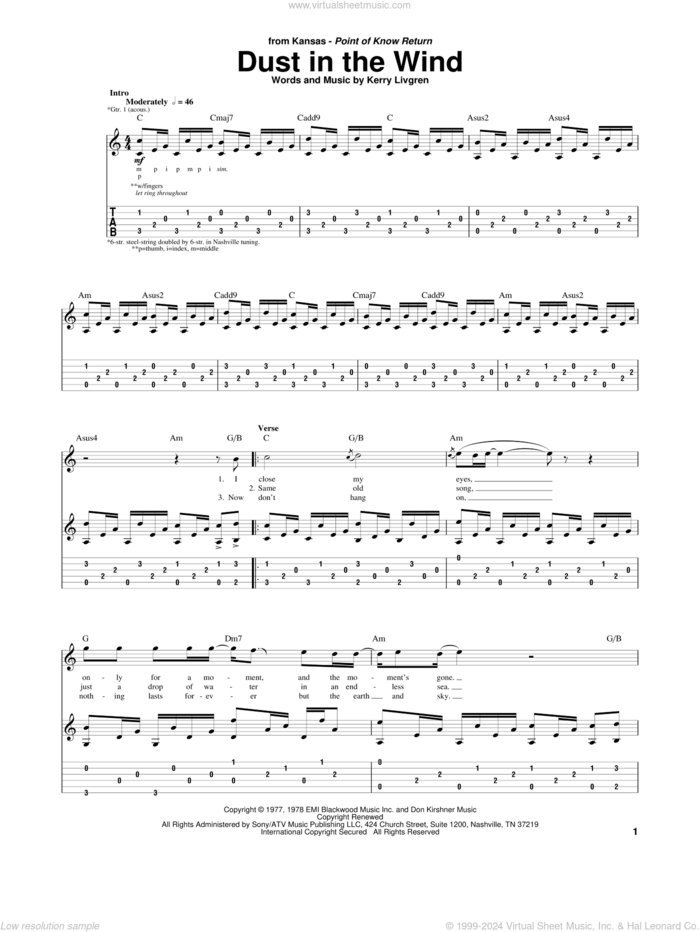 Dust In The Wind sheet music for guitar (tablature) by Kansas and Kerry Livgren, intermediate skill level