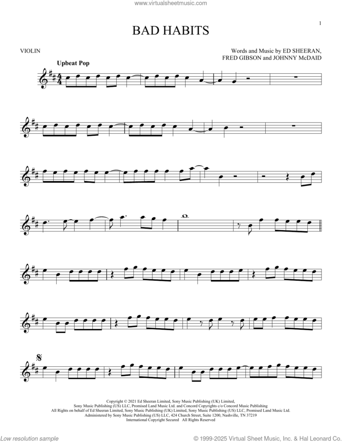 Bad Habits sheet music for violin solo by Ed Sheeran, Fred Gibson and Johnny McDaid, intermediate skill level