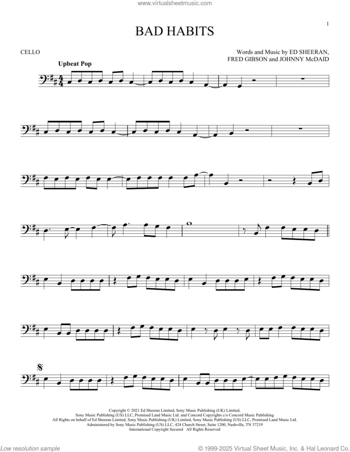 Bad Habits sheet music for cello solo by Ed Sheeran, Fred Gibson and Johnny McDaid, intermediate skill level