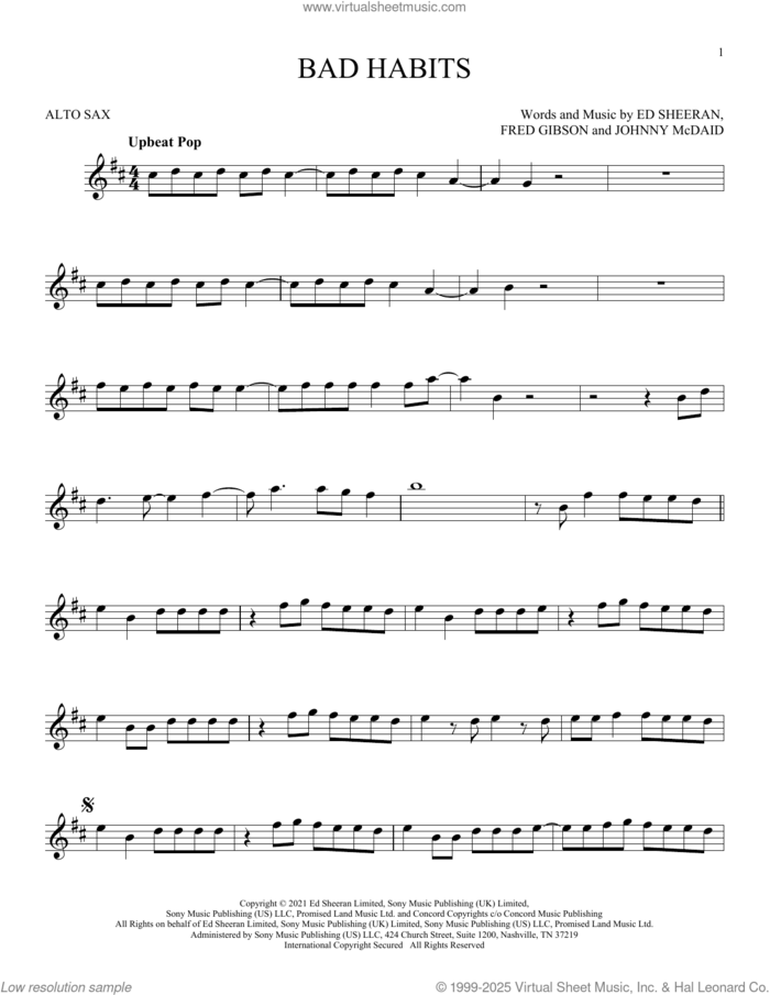 Bad Habits sheet music for alto saxophone solo by Ed Sheeran, Fred Gibson and Johnny McDaid, intermediate skill level