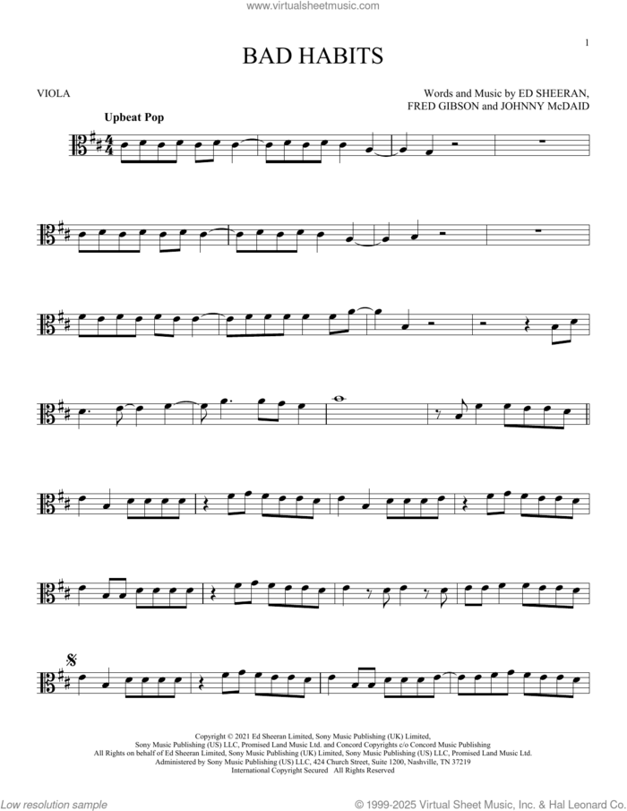 Bad Habits sheet music for viola solo by Ed Sheeran, Fred Gibson and Johnny McDaid, intermediate skill level