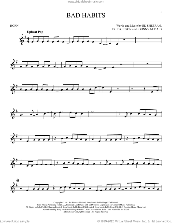 Bad Habits sheet music for horn solo by Ed Sheeran, Fred Gibson and Johnny McDaid, intermediate skill level