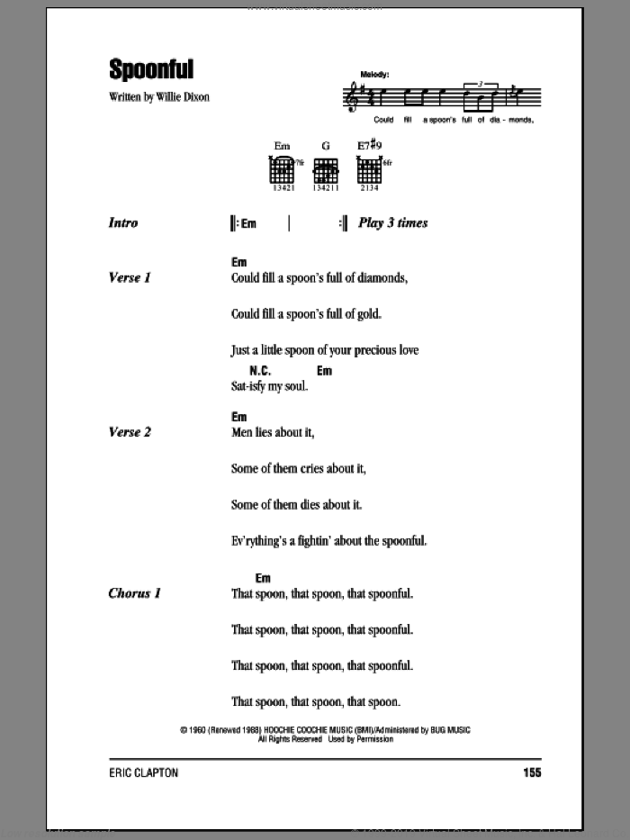 Spoonful sheet music for guitar (chords) by Willie Dixon, Cream and Eric Clapton, intermediate skill level