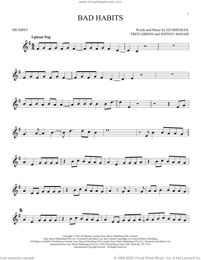 Bad Habits sheet music for trumpet solo by Ed Sheeran, Fred Gibson and Johnny McDaid, intermediate skill level