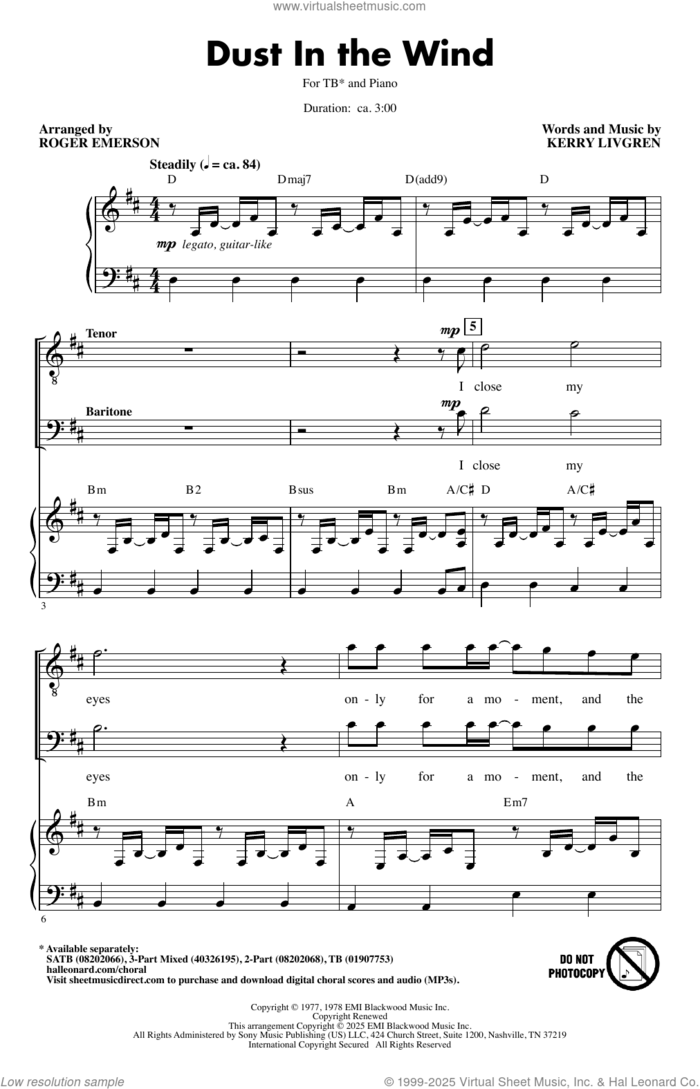 Dust In The Wind sheet music for choir (TB: tenor, bass) by Kansas, Roger Emerson and Kerry Livgren, intermediate skill level