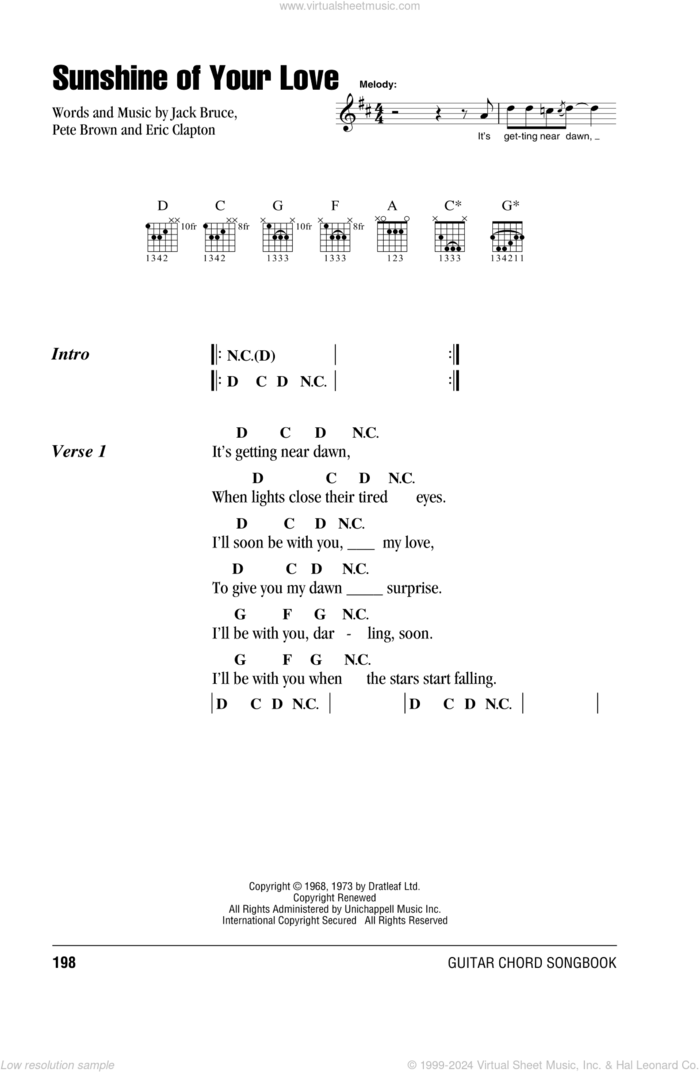 Sunshine Of Your Love sheet music for guitar (chords) by Cream, Eric Clapton, Jack Bruce and Pete Brown, intermediate skill level