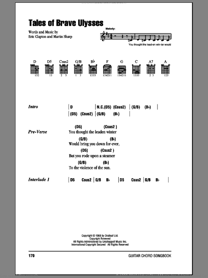 Tales Of Brave Ulysses sheet music for guitar (chords) by Eric Clapton, Cream and Martin Sharp, intermediate skill level