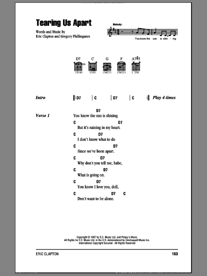 Tearing Us Apart sheet music for guitar (chords) by Eric Clapton and Greg Phillinganes, intermediate skill level