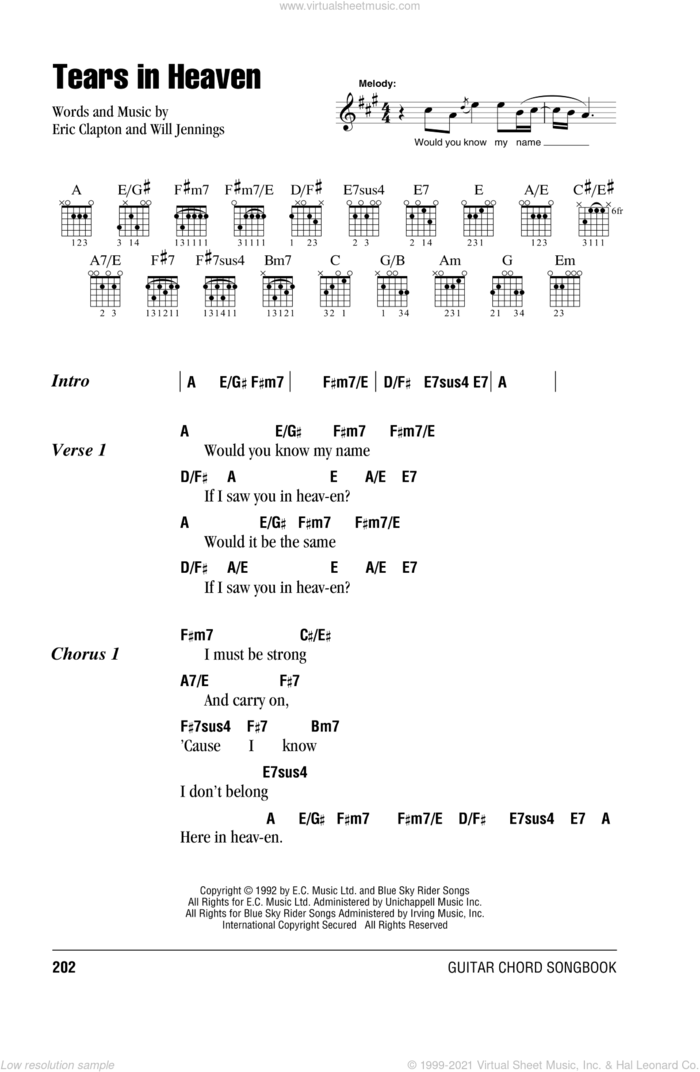 Tears In Heaven sheet music for guitar (chords) by Eric Clapton and Will Jennings, intermediate skill level