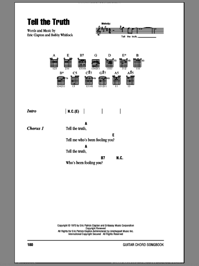 Tell The Truth sheet music for guitar (chords) by Eric Clapton and Bobby Whitlock, intermediate skill level