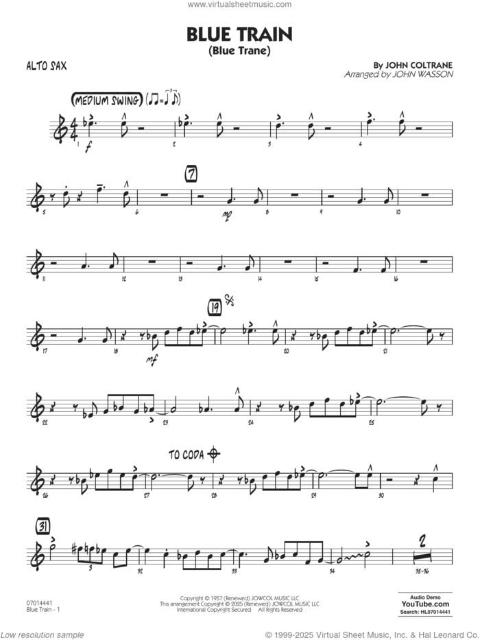 Blue Train (Blue Trane) (arr. Blue Train (Blue Trane) (arr. Wasson) sheet music for jazz band (alto sax) by John Coltrane and John Wasson, intermediate skill level