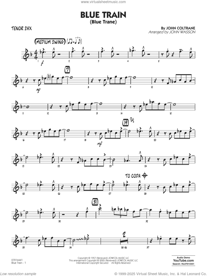 Blue Train (Blue Trane) (arr. Blue Train (Blue Trane) (arr. Wasson) sheet music for jazz band (tenor sax) by John Coltrane and John Wasson, intermediate skill level