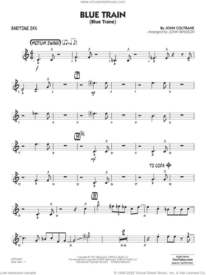 Blue Train (Blue Trane) (arr. Blue Train (Blue Trane) (arr. Wasson) sheet music for jazz band (baritone sax) by John Coltrane and John Wasson, intermediate skill level