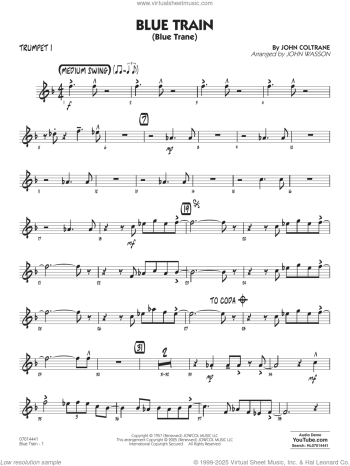 Blue Train (Blue Trane) (arr. Blue Train (Blue Trane) (arr. Wasson) sheet music for jazz band (trumpet 1) by John Coltrane and John Wasson, intermediate skill level