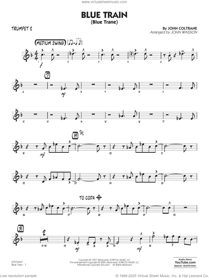 Blue Train (Blue Trane) (arr. Blue Train (Blue Trane) (arr. Wasson) sheet music for jazz band (trumpet 2) by John Coltrane and John Wasson, intermediate skill level