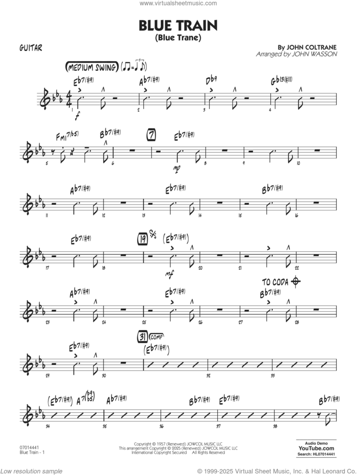 Blue Train (Blue Trane) (arr. Blue Train (Blue Trane) (arr. Wasson) sheet music for jazz band (guitar) by John Coltrane and John Wasson, intermediate skill level