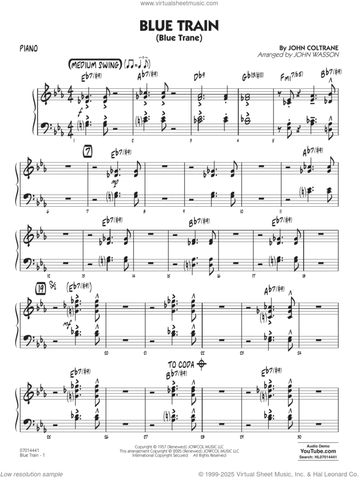 Blue Train (Blue Trane) (arr. Blue Train (Blue Trane) (arr. Wasson) sheet music for jazz band (piano) by John Coltrane and John Wasson, intermediate skill level