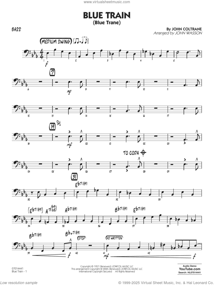 Blue Train (Blue Trane) (arr. Blue Train (Blue Trane) (arr. Wasson) sheet music for jazz band (bass) by John Coltrane and John Wasson, intermediate skill level