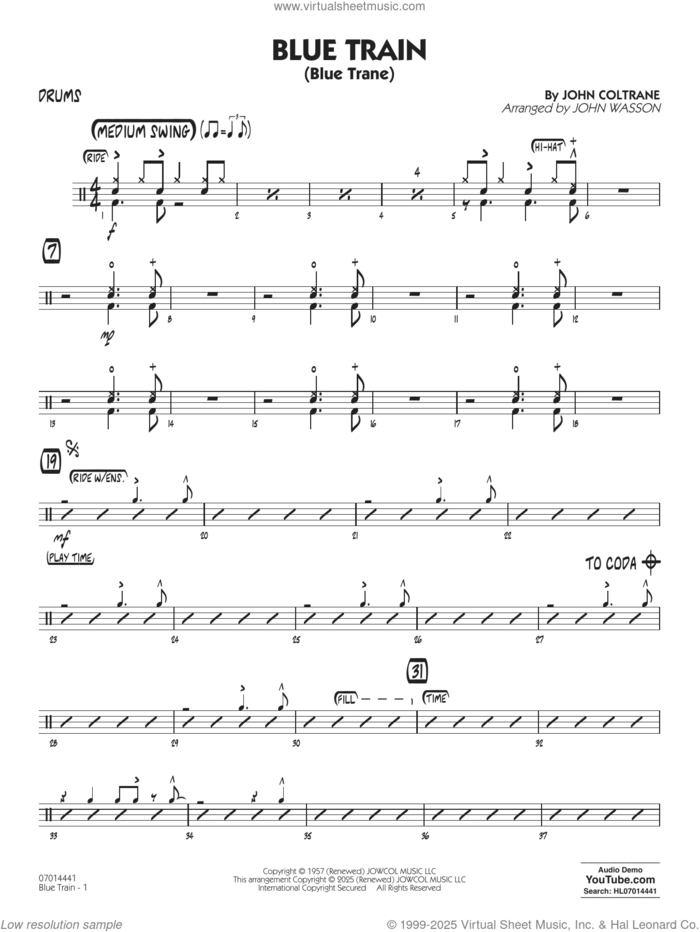 Blue Train (Blue Trane) (arr. Blue Train (Blue Trane) (arr. Wasson) sheet music for jazz band (drums) by John Coltrane and John Wasson, intermediate skill level
