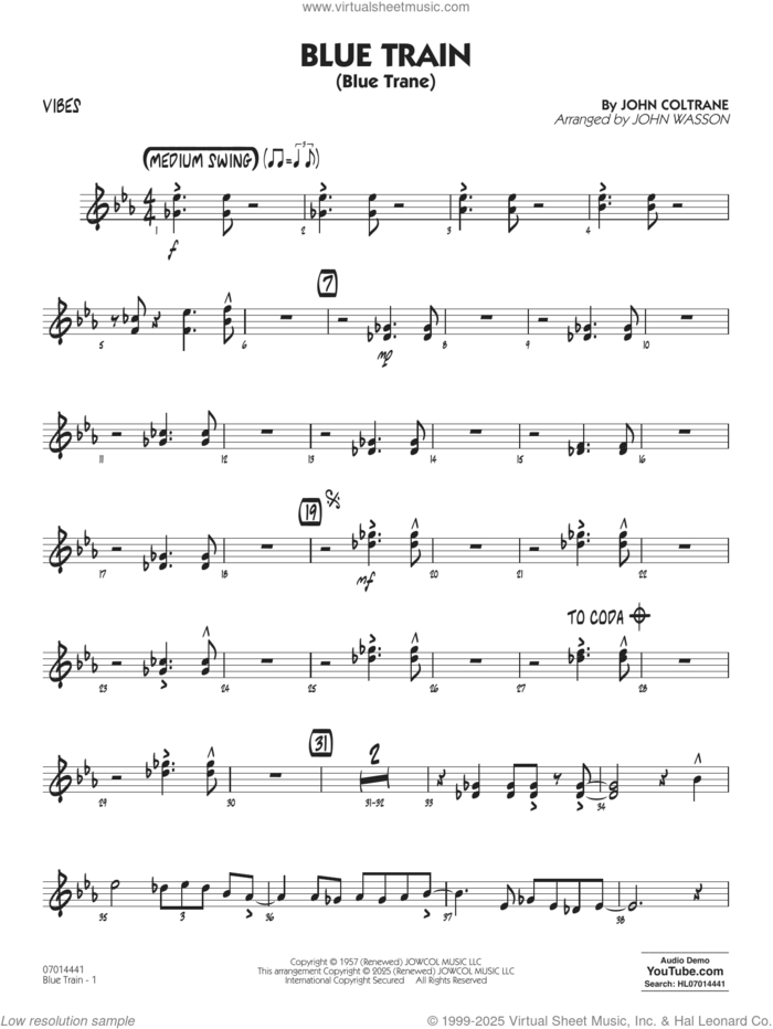 Blue Train (Blue Trane) (arr. Blue Train (Blue Trane) (arr. Wasson) sheet music for jazz band (vibes) by John Coltrane and John Wasson, intermediate skill level