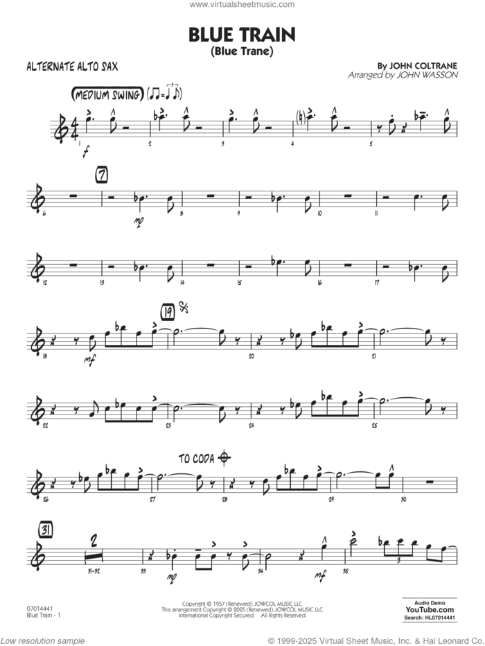 Blue Train (Blue Trane) (arr. Blue Train (Blue Trane) (arr. Wasson) sheet music for jazz band (alternate alto sax) by John Coltrane and John Wasson, intermediate skill level
