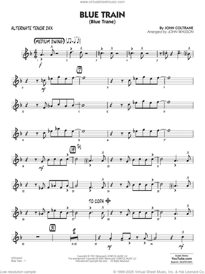 Blue Train (Blue Trane) (arr. Blue Train (Blue Trane) (arr. Wasson) sheet music for jazz band (alternate tenor sax) by John Coltrane and John Wasson, intermediate skill level